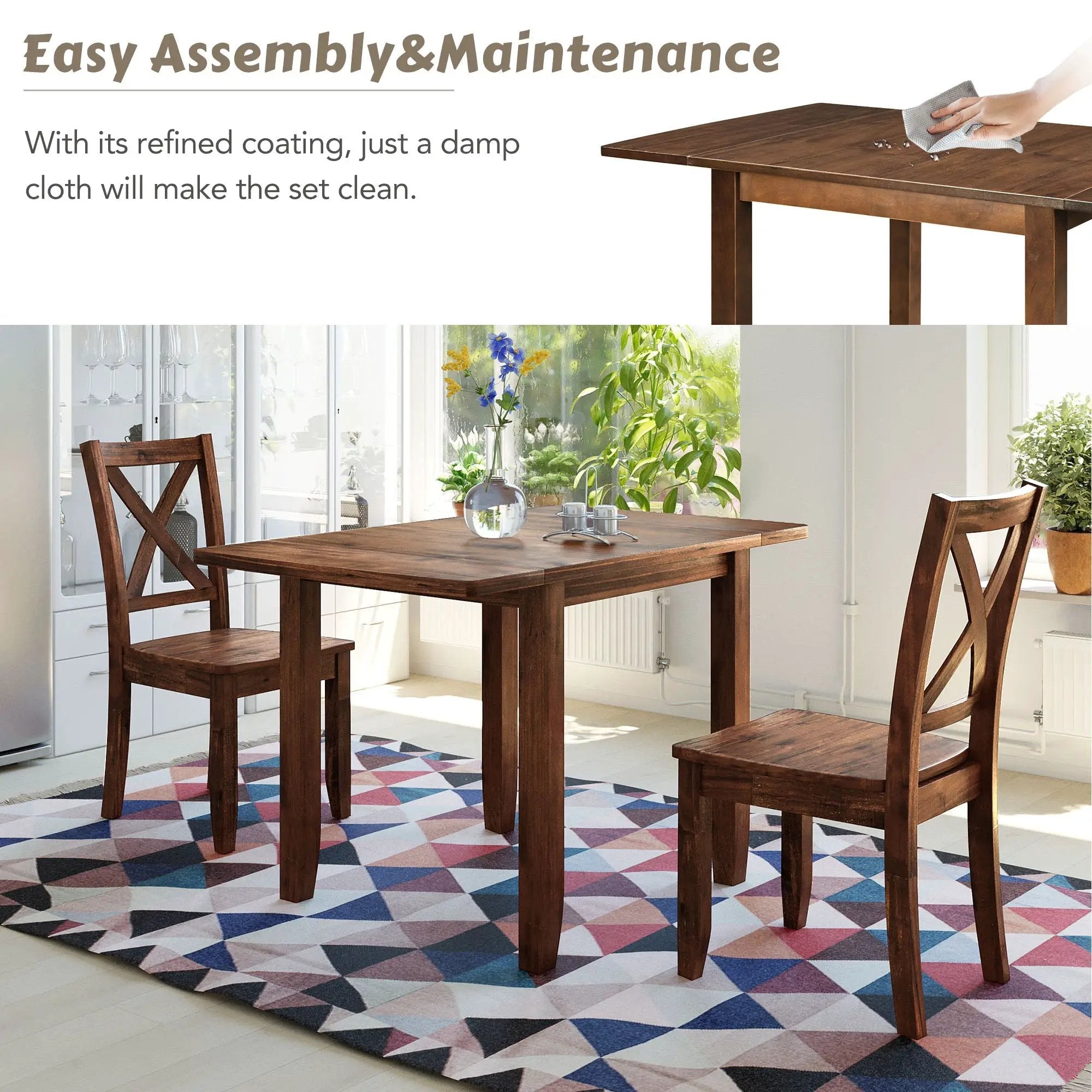 TOPMAX 3-Piece Wood Drop Leaf Breakfast Nook Dining Table Set with 2 X-back Chairs by HouseOfZazla