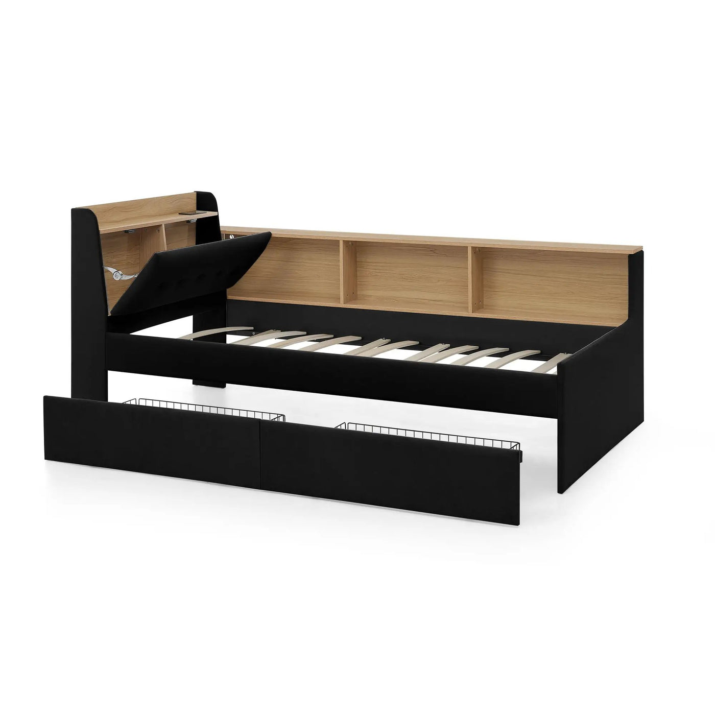 Upholstered Daybed With Storage Headboard, Wireless Charging, LED Lights by HouseOfZazla