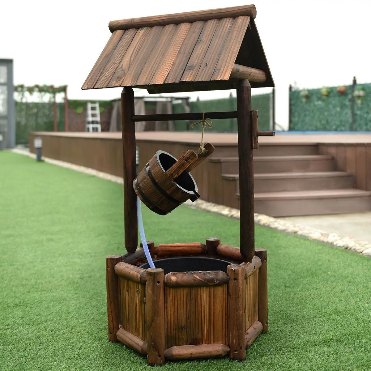 Garden Rustic Wishing Well Wooden Water Fountain with Pump by DirectDeals