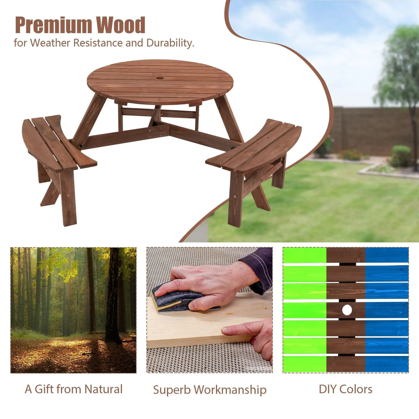 6 Person Circular Outdoor Wooden Picnic Table For Patio, Backyard, Garden, Diy With 3 Built-In Benches, 1720Lb Capacity by HouseOfZazla
