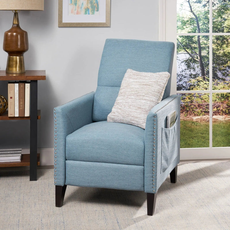 Repose Upholstered Recliner Chair With Nailhead Trim And Side Pocket - Light Blue by HouseOfZazla