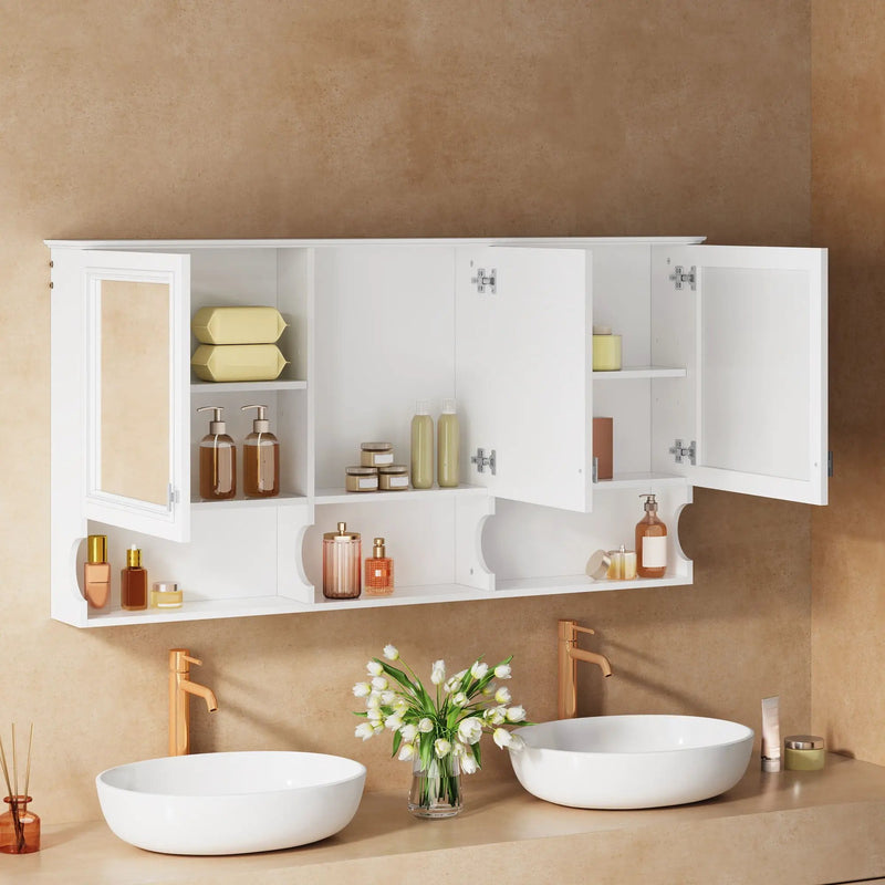 Wall-Mounted Mirror Medicine Cabinet With Adjustable Shelf And Open Shelves, Bathroom Storage Cabinet Over Toilet - White by Unique Piece Furniture