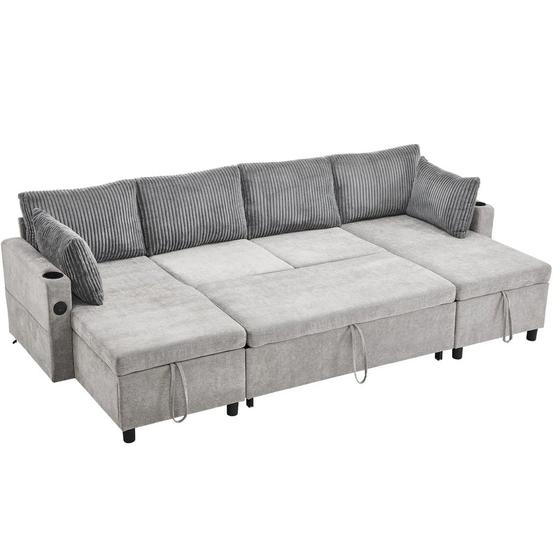Sectional Sofa Bed With Pull Out Sleeper, USB Ports, Cup Holders by HouseOfZazla