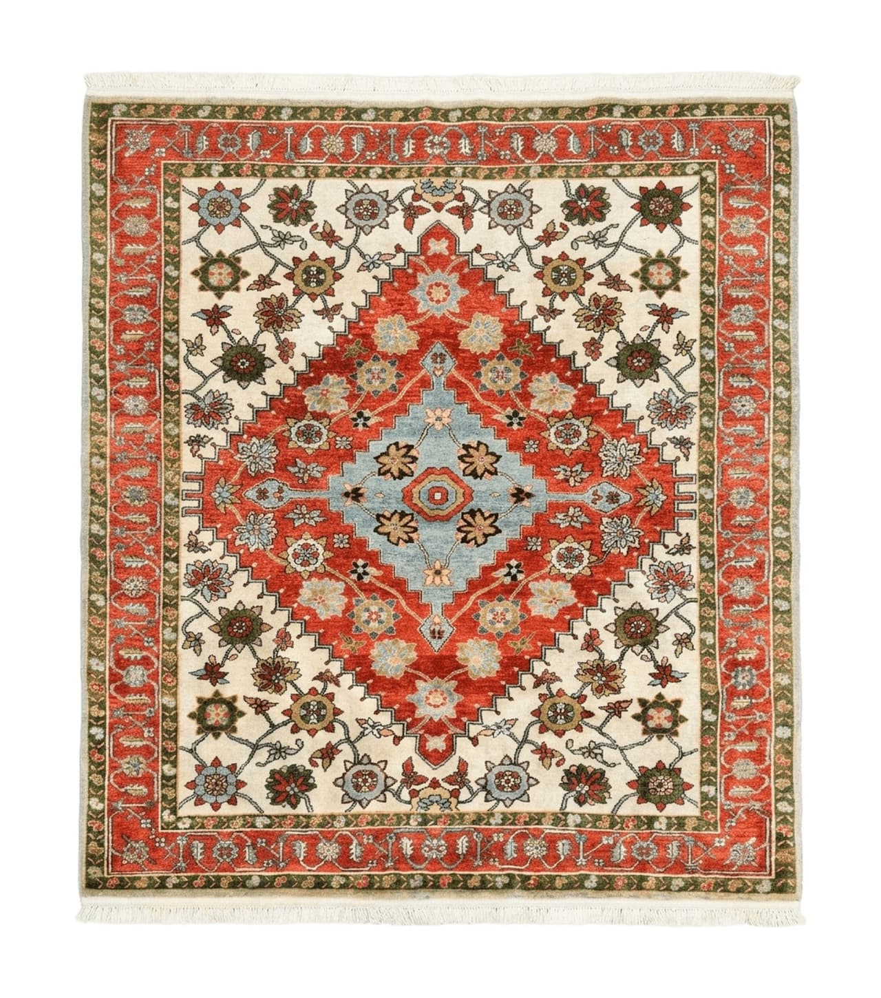 Indo Persian Heriz Rug 7x9, Geometric Pattern, Cream & Light Red, Handmade Vintage Wool Carpet by Jewel Rugs