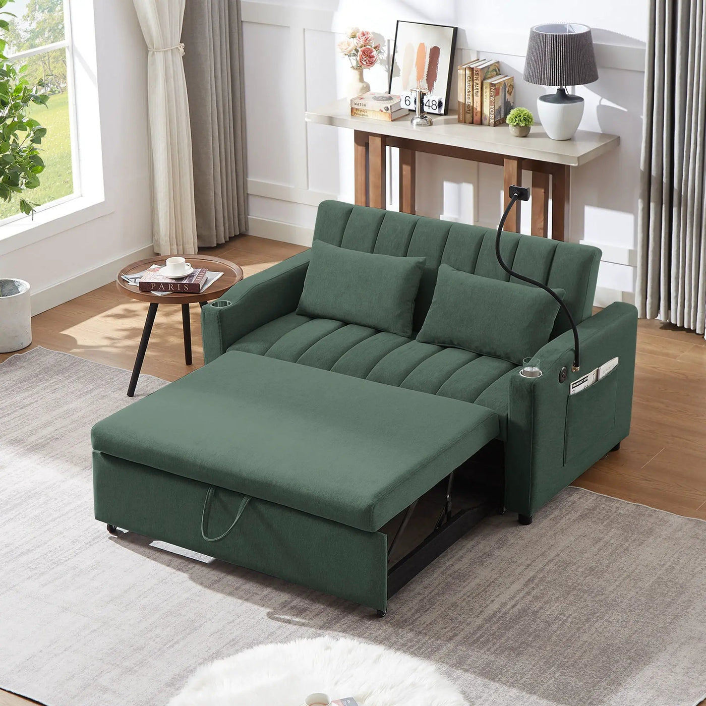 Convertible Sofa Bed Loveseat Sofa With Three USB Ports, Two Side Pockets, Two Cup Holders And 360° swivel Phone Holder For Living Room by HouseOfZazla