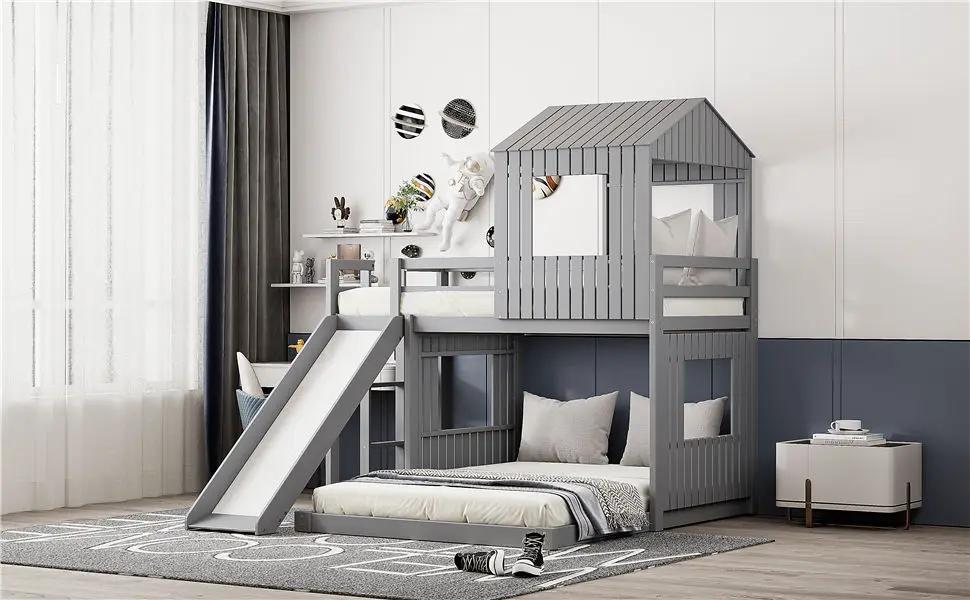 Loft Bunk Bed With Playhouse, Farmhouse, Ladder, Slide And Guardrails by HouseOfZazla