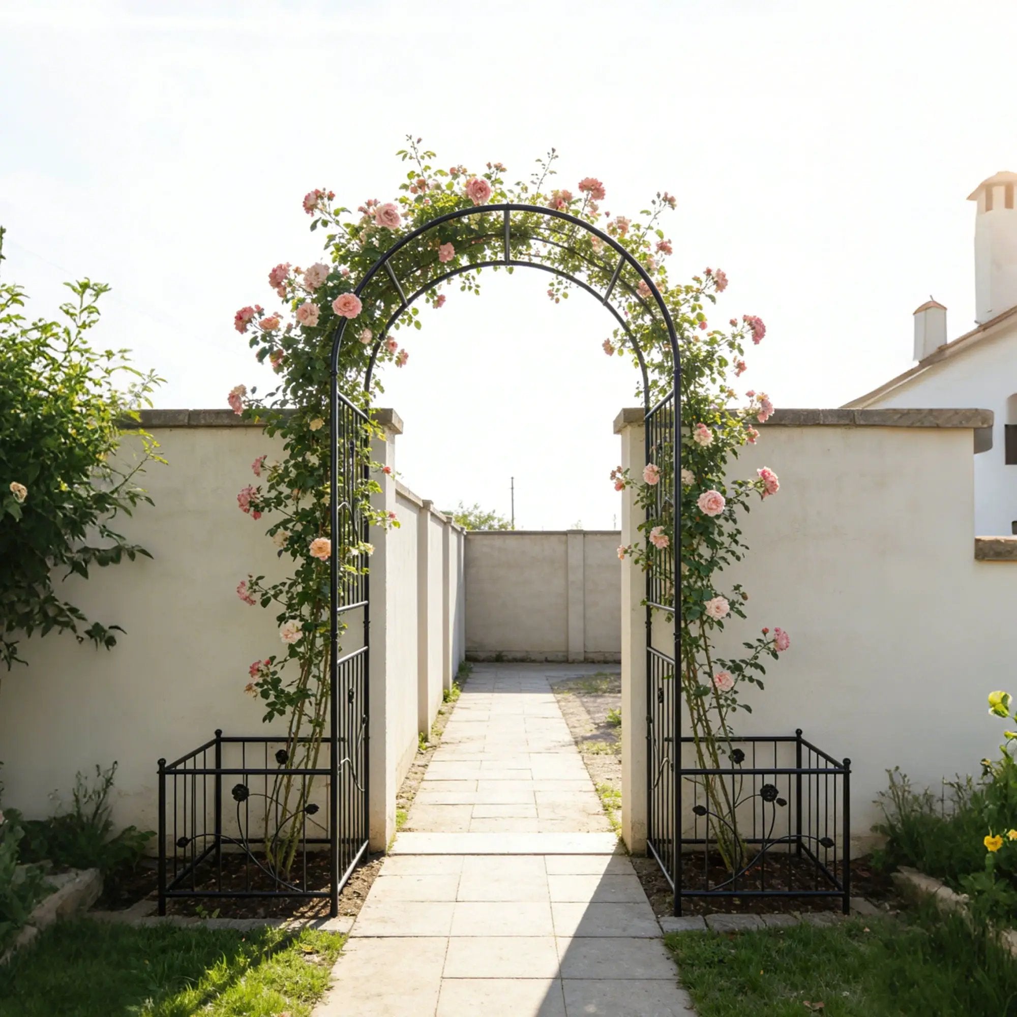 Metal Garden Arch With Two Plant Stands Wide High Climbing Plants Support Rose Arch Outdoor - Black by HouseOfZazla