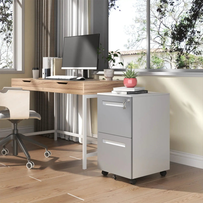 2-Drawer Mobile File Cabinet With Lock,On 360° Wheels, Holds A4/Letter/Legal Files - White by Unique Piece Furniture