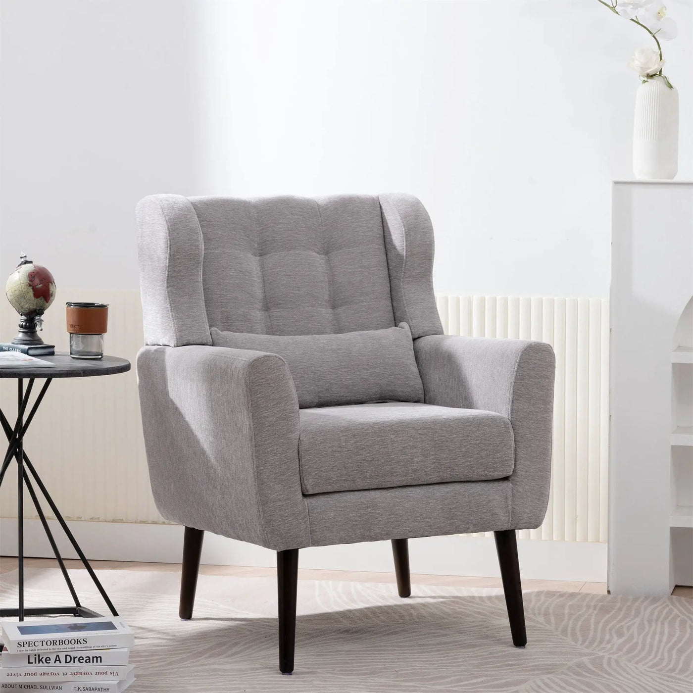 Modern Accent Chair, Arm Chairs For Living Room, Upholstered Mordern Armchair, Comfy Soft Padded Lounge Chair In Small Space, Bedroom, With Pillow, Solid Wood Leg by HouseOfZazla