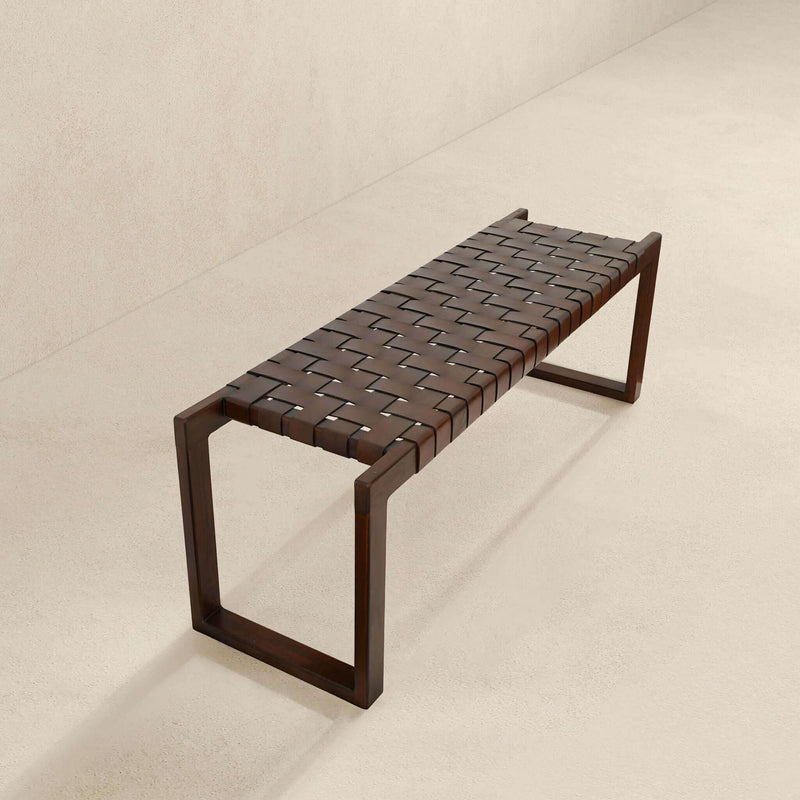 Cognac Brown Upholstered Bench with Genuine Leather Seat - Mid-Century Modern, photo 8 of 12