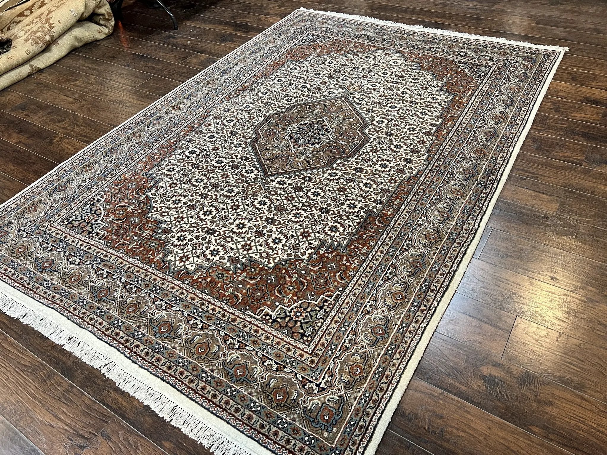 Indo Persian Rug 7x10 ft, Hand Knotted Wool Vintage Oriental Carpet 7 x 10, Traditional Handmade Herati Bidjar Cream Rug, Medallion Rug by Jewel Rugs
