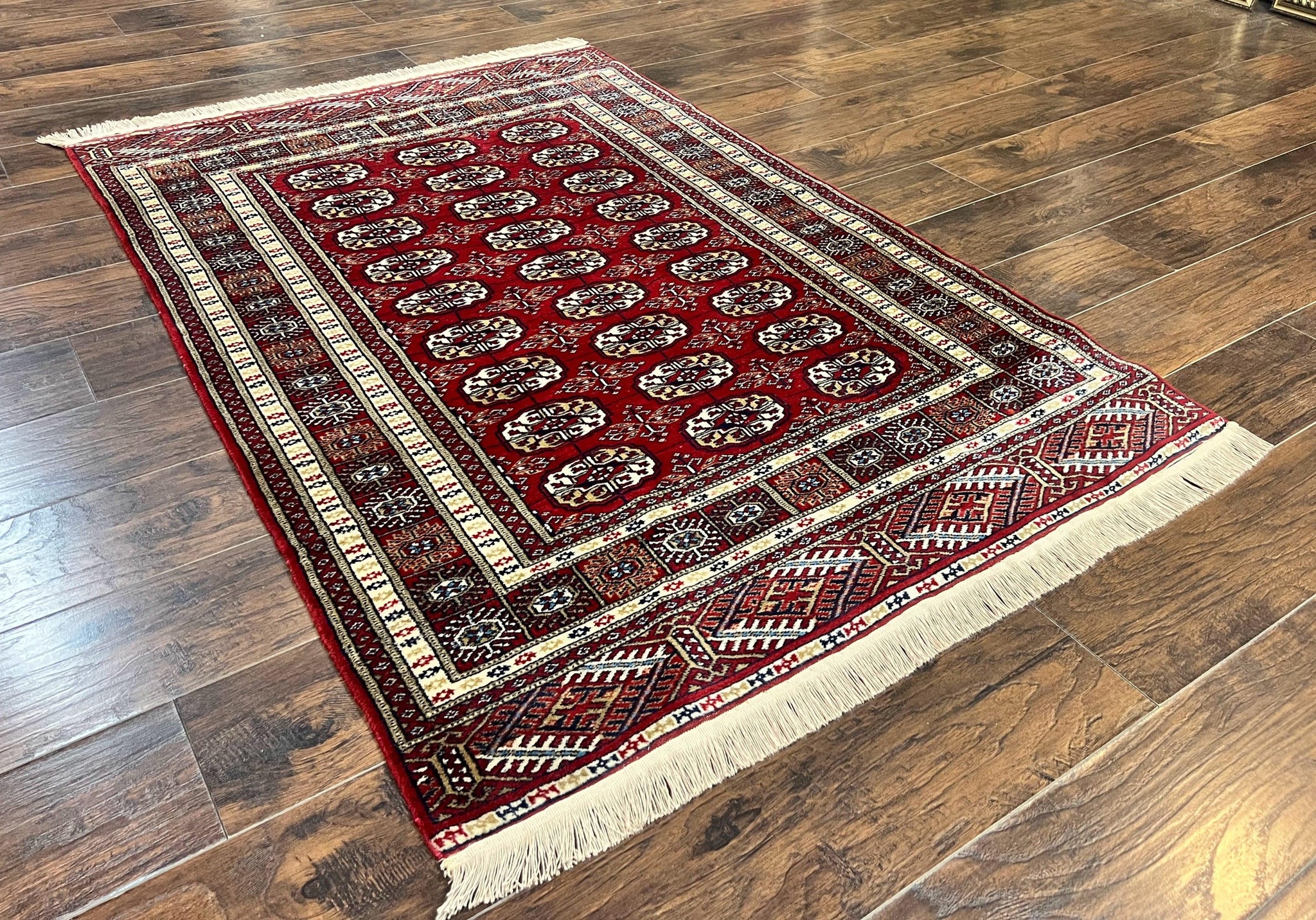 Pakistani Bokhara Rug 4x6, Red Turkoman Carpet, Finely Hand Knotted, Wool Vintage Rug by Jewel Rugs
