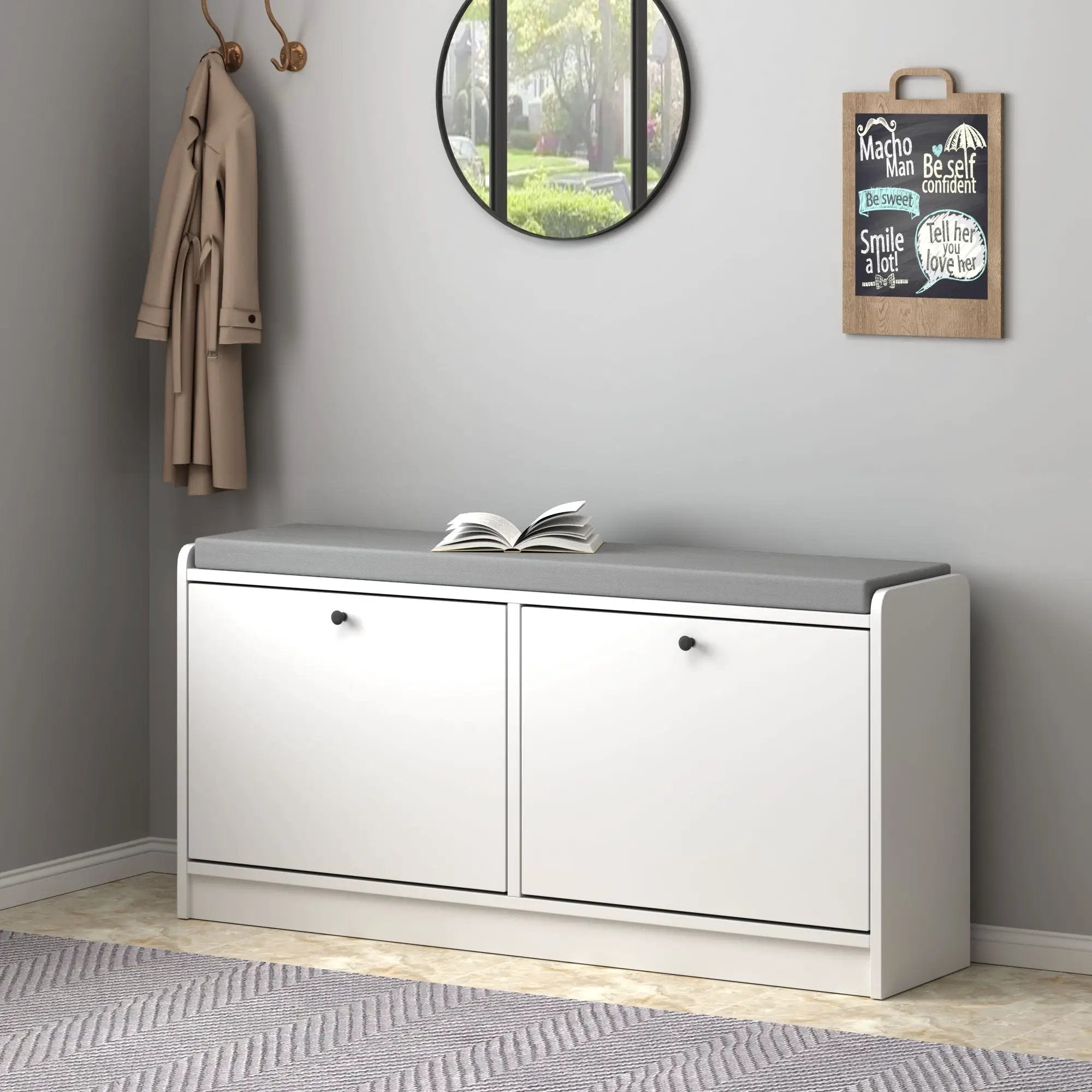 Shoe Storage Bench With Cushion, Entryway Organizer Cabinet For Hallway - White by HouseOfZazla