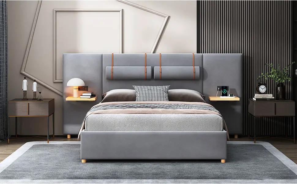 Upholstered Platform Bed, 2 Outlets And USB Charging Ports On Both Sides, 2 Bedside Pillows, Storage Shelves by HouseOfZazla