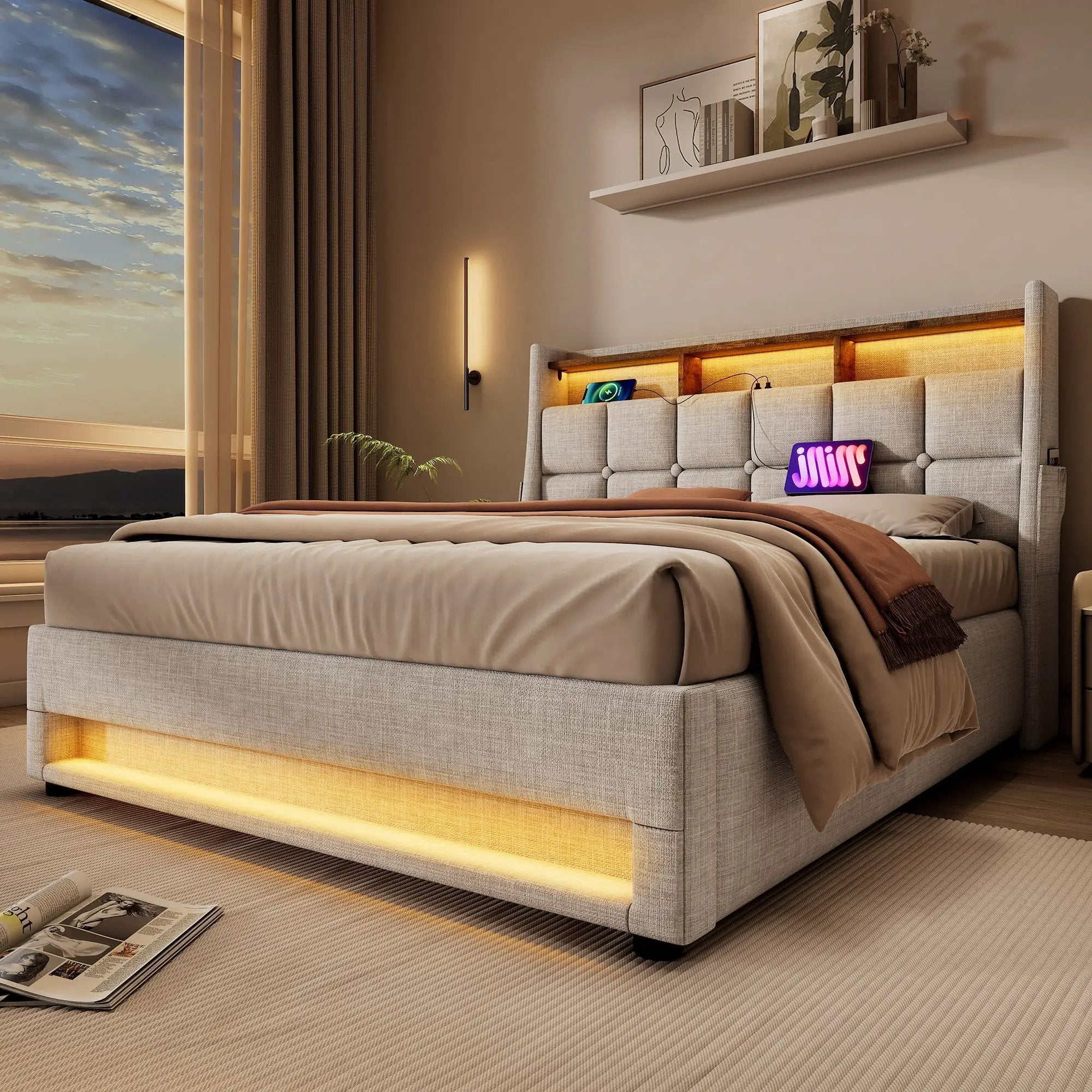 Upholstered Platform Bed With A Hydraulic Storage System, LED And USB Charging (Without Mattress) by HouseOfZazla
