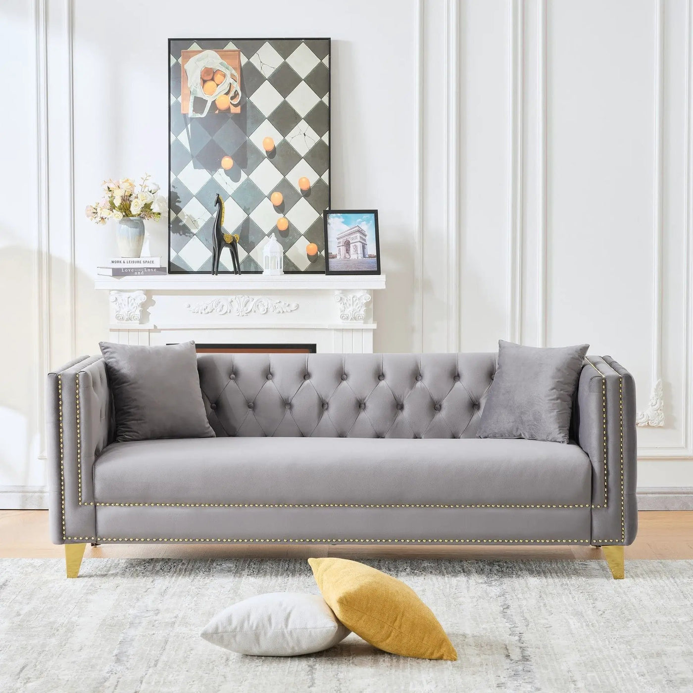 3 Seater Deep Seat Sofa, Sofa With Button Nailhead, Square Arm by HouseOfZazla