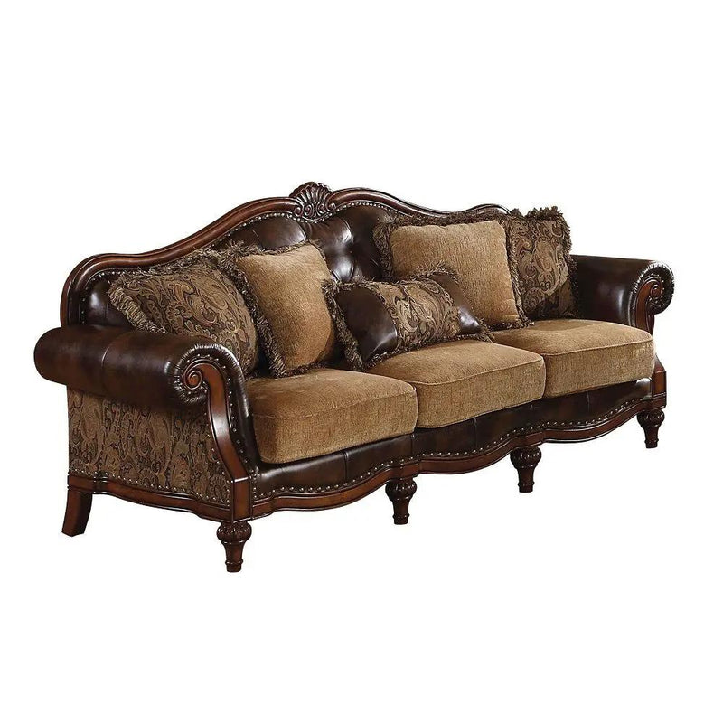Dreena - Sofa With 5 Pillows - Two Tone Brown Synthetic Leather & Chenille Cherry by Unique Piece Furniture