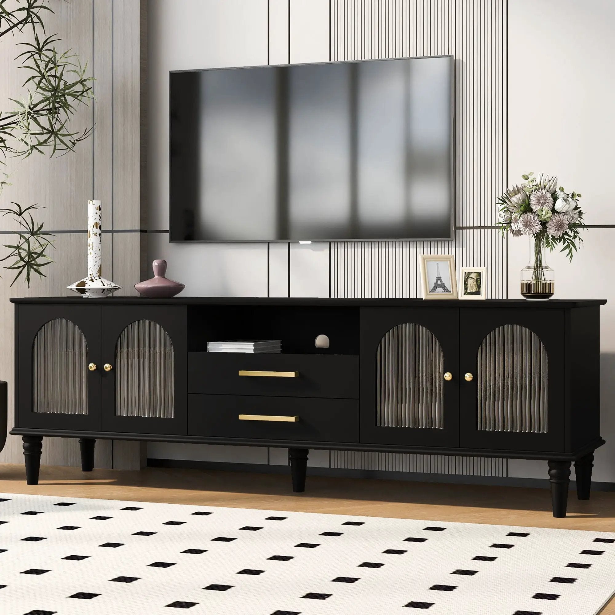 TV Stand For TVs Up To 75", Entertainment Center Media Console For Living Room - Black by Unique Piece Furniture