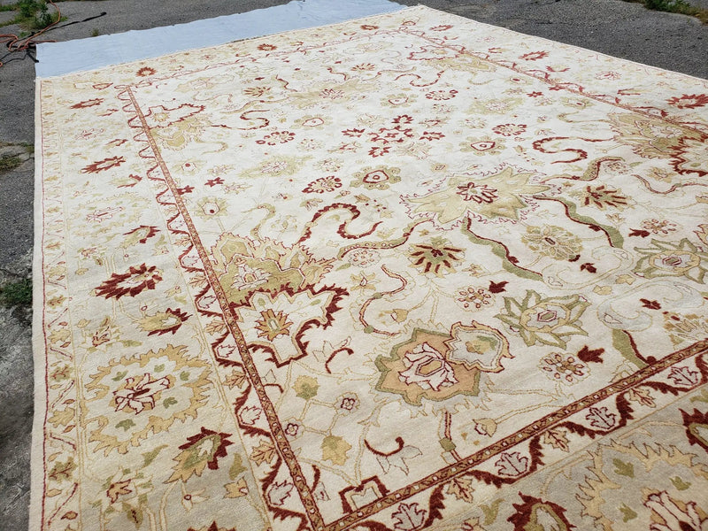 Vintage Oushak Area Rug, Hand-Knotted, Wool, Cream Beige Maroon, 10x15 Rug, 10x14 Rug, Large Oriental Carpet by Jewel Rugs