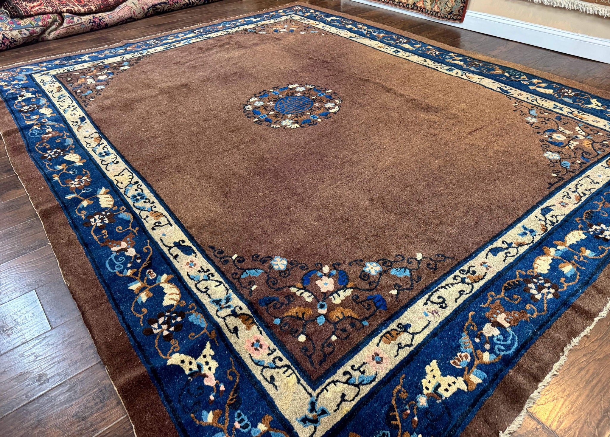Antique Chinese Wool Rug 9x11, Large Chinese Art Deco Rug, Peking Rug, Brown and Blue, Open Field, Fete Rug by Jewel Rugs