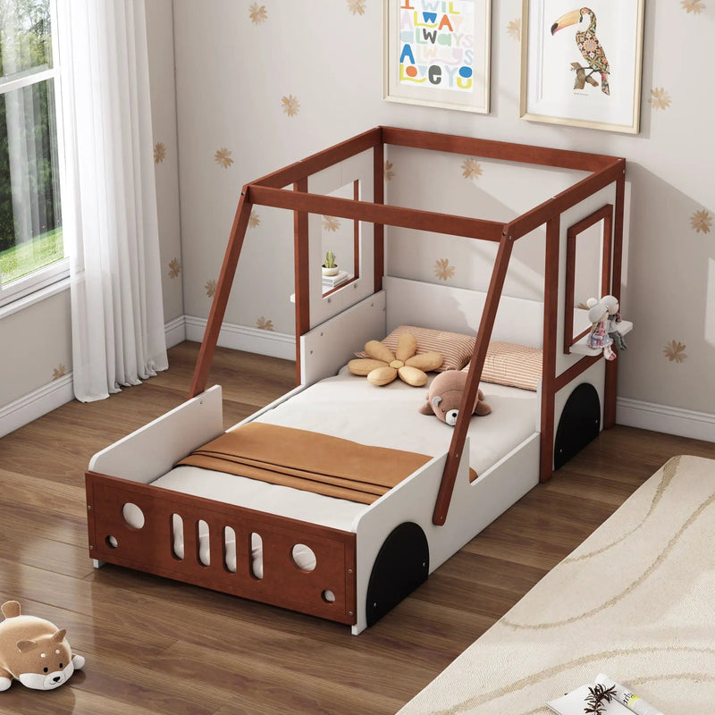 Fun Play Design Twin Size Car Bed, Kids Platform Bed In Car Shaped For Kids Boys Girls Teens - White / Orange by Unique Piece Furniture