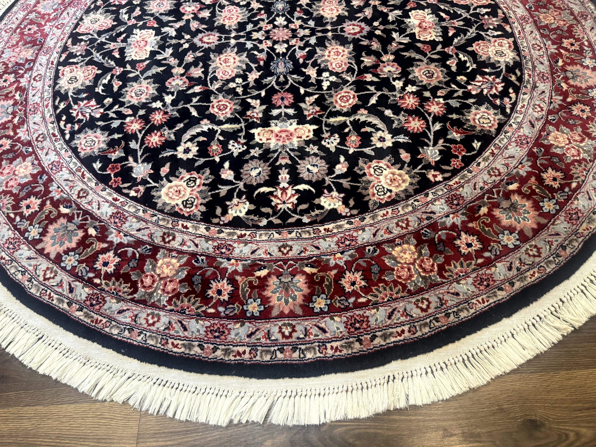 Round Sino Persian Rug 6x6, Floral, Navy Blue and Red, Wool and Silk Highlights by Jewel Rugs