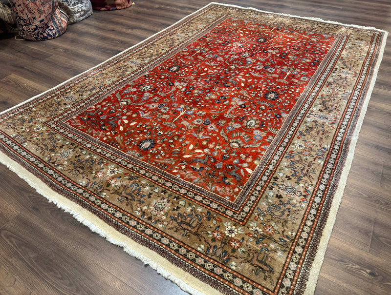 Persian Tabriz Rug 6x10, Burnt Orange and Tan, Animal Pictorials, Deer, Floral, Taba Tabae Carpet by Jewel Rugs