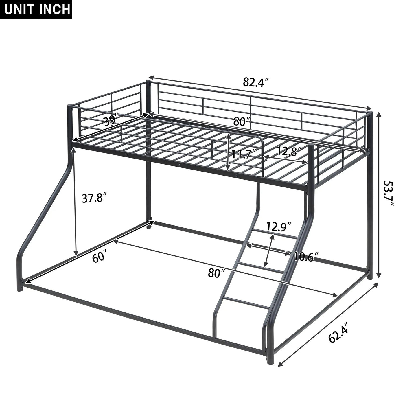 Metal Floor Bunk Bed With Sloped Ladder, Space Saving Design by HouseOfZazla