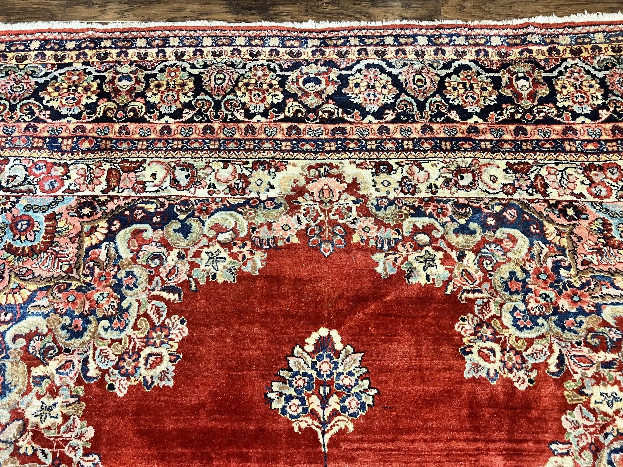 Persian Sarouk Rug 11x14, Semi Open Field, Large Antique Persian Wool Handmade Carpet, Red and Dark Blue, Floral by Jewel Rugs