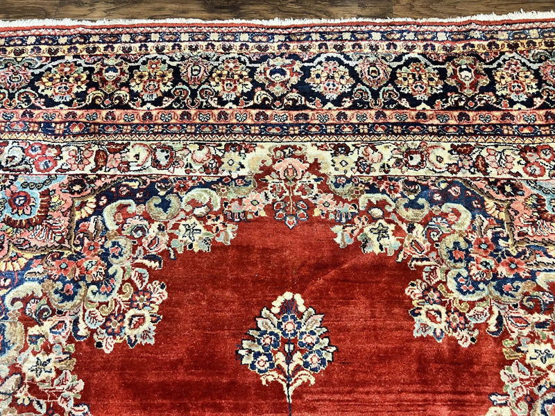 Persian Sarouk Rug 11x14, Semi Open Field, Large Antique Persian Wool Handmade Carpet, Red and Dark Blue, Floral by Jewel Rugs