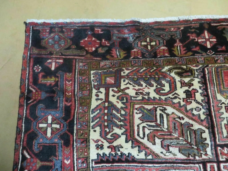 Persian Heriz Rug 8x12 Semi Antique Heriz Carpet, Room Sized Persian Carpet, Geometric Medallion, Wool, Hand Knotted, Red Ivory Dark Blue by Jewel Rugs