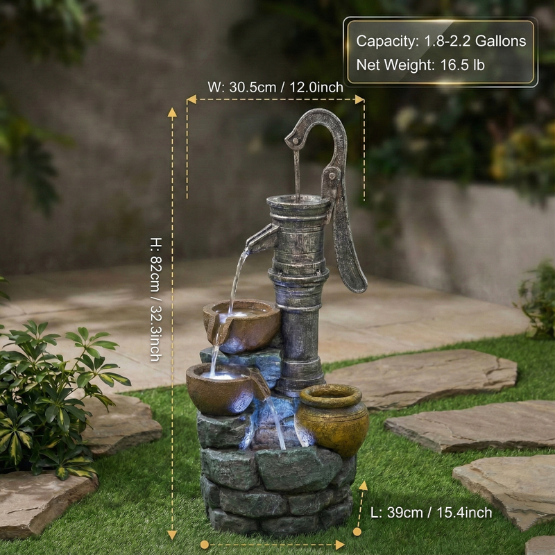 Resin Hand Pump Cascading Outdoor Fountain 32 Inch, photo 3 of 7