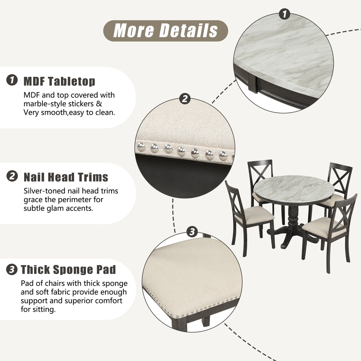 Solid Wood 5 Piece Dining Room Set with Table and 4 Chairs - White or Dark Gray, photo 37 of 40