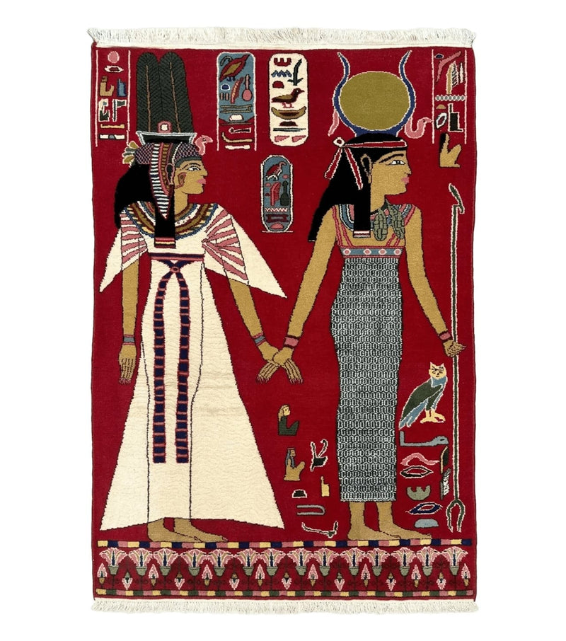 Egyptian Pictorial Rug 3x4, Hieroglyphic Pictorial Rug, Egyptian Prince and Princess, Cleopatra, Vintage Handmade, Red by Jewel Rugs