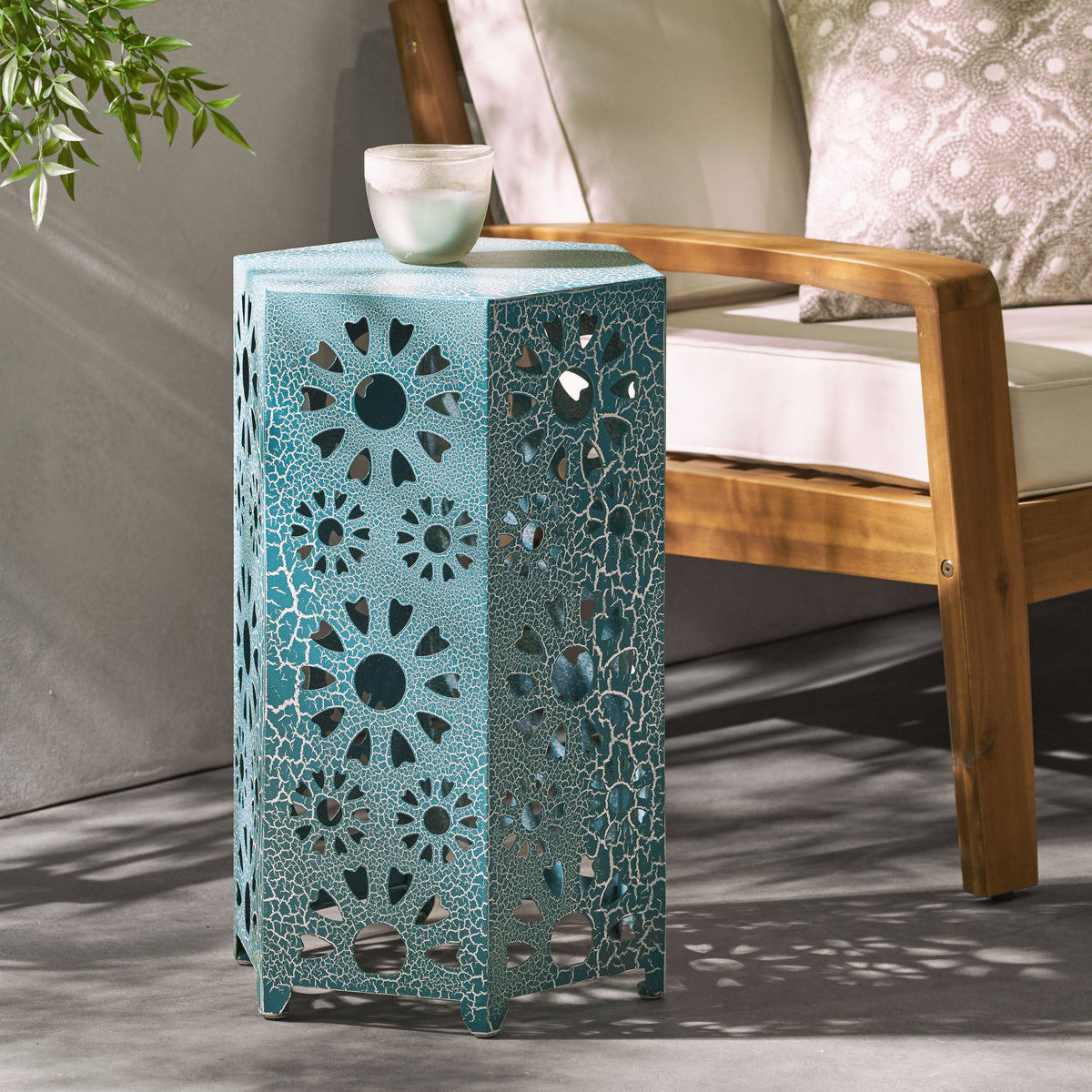 Galore 14" Side Table with Sunburst Cut Out Design - Green or Teal, photo 2 of 10
