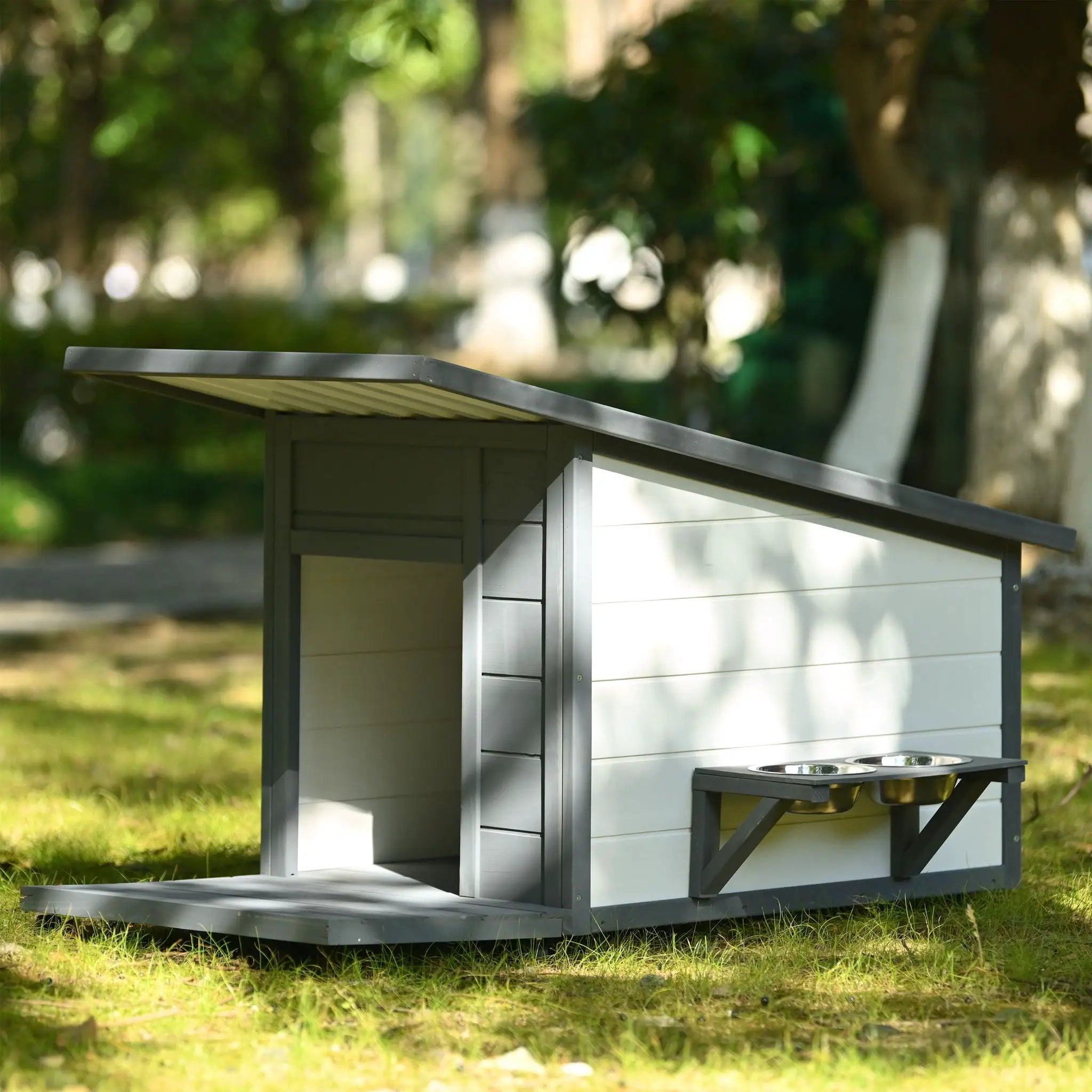 Modern Design Outdoor Dog House With Food Bowl And Wheels Pine - Gray / White by HouseOfZazla
