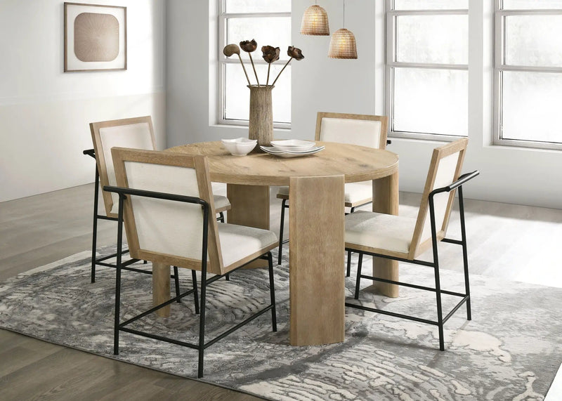 Bowen - Round Dining Table With Cream Color Upholstered Chairs (Set of 5) - Oak Finish by Unique Piece Furniture