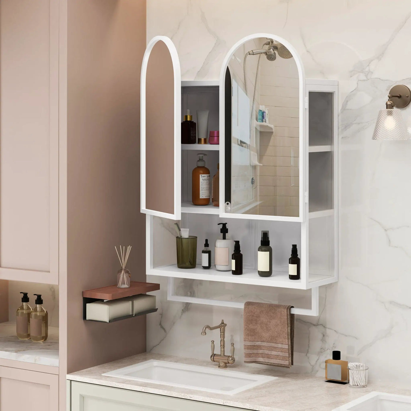 Double Arched Mirror Wall Cabinet With 2 Doors, Featuring Adjustable Shelves And Towel Rack by HouseOfZazla