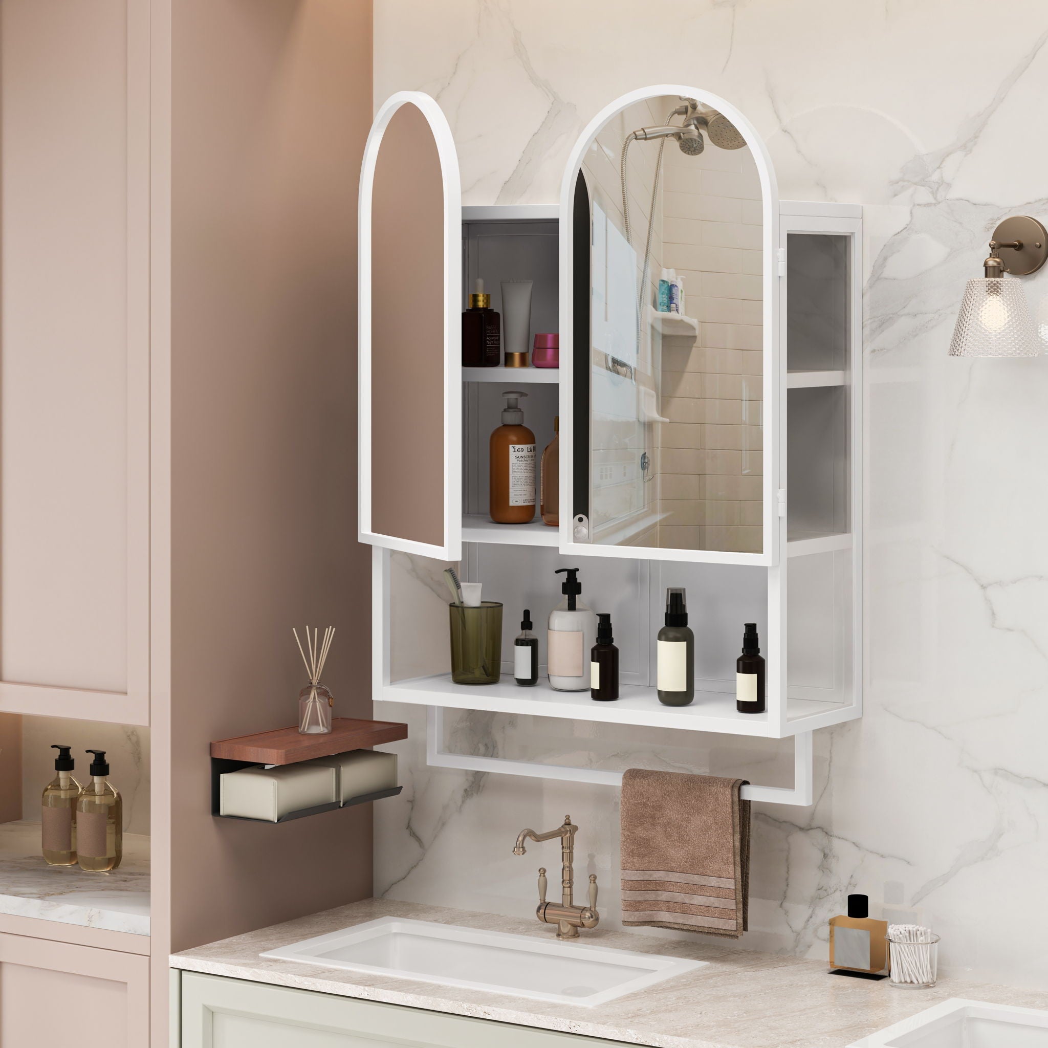 Double Arched Mirror Wall Cabinet With 2 Doors, Featuring Adjustable Shelves And Towel Rack by HouseOfZazla