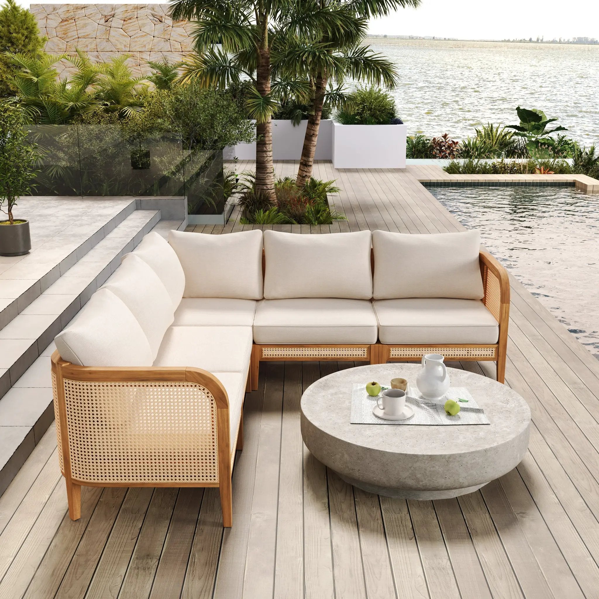 Kirkby Outdoor 5 Seater V-Shaped Acacia Wood Sofa by HouseOfZazla