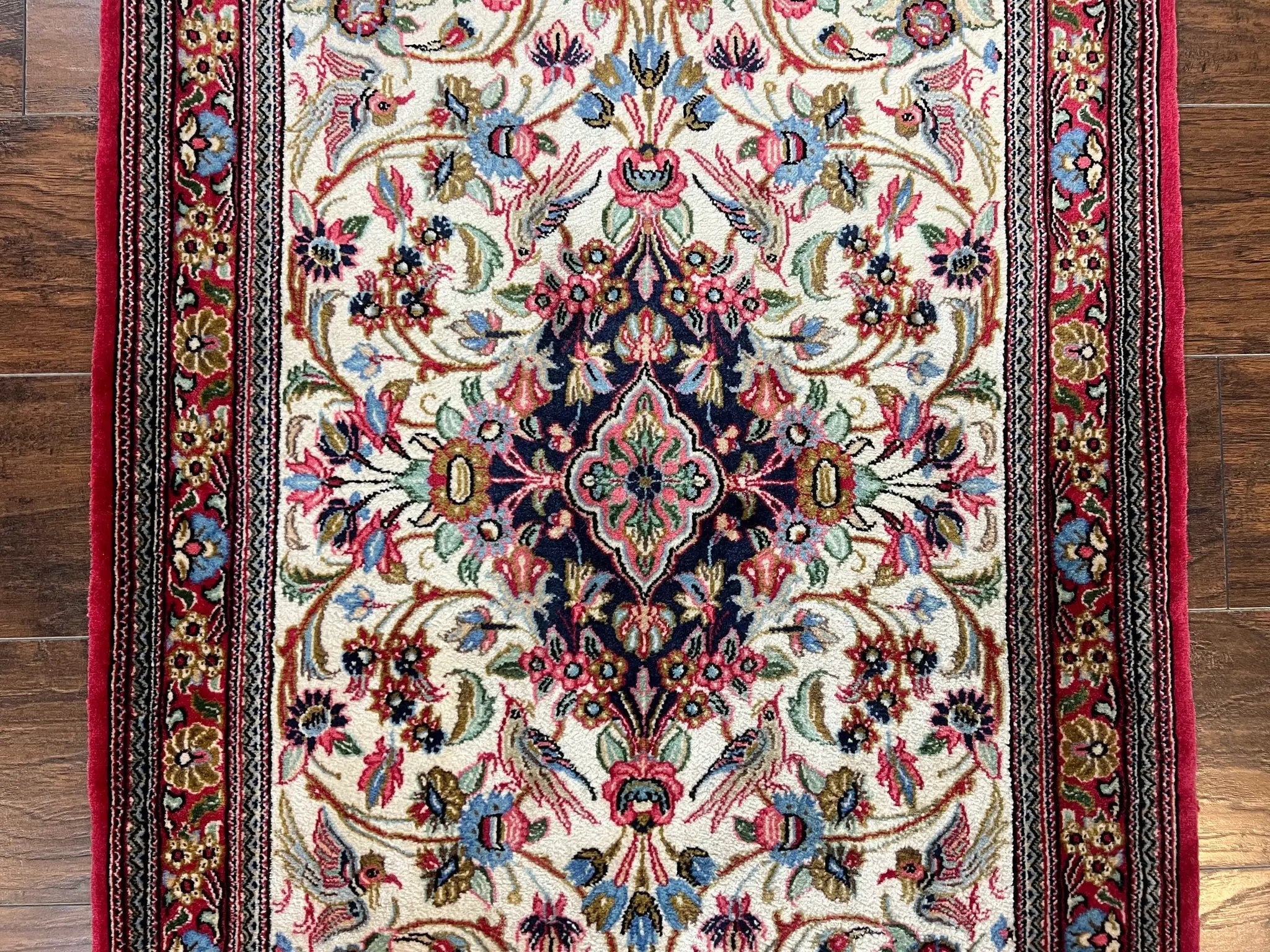 Wonderful Persian Qum Runner Rug 2.8 x 10 ft, Floral Medallions with Bird Motifs, Hand Knotted Wool Fine Oriental 10ft Hallway Runner, Cream Red by Jewel Rugs