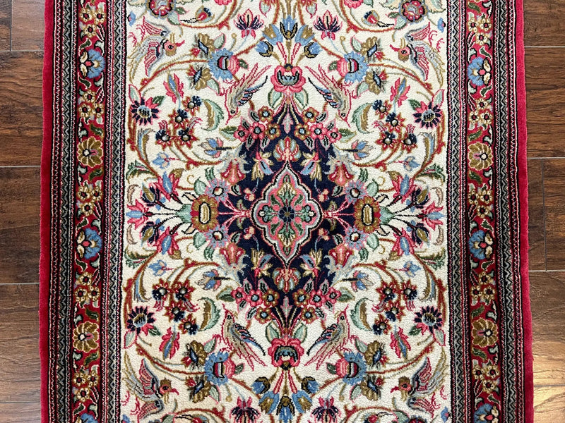 Wonderful Persian Qum Runner Rug 2.8 x 10 ft, Floral Medallions with Bird Motifs, Hand Knotted Wool Fine Oriental 10ft Hallway Runner, Cream Red by Jewel Rugs