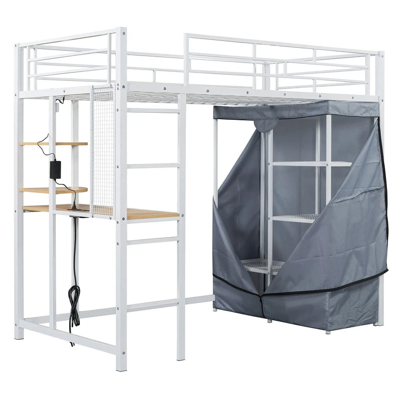 Loft Bed With Desk, Shelves, Power Outlet, LED Light And Wardrobe by HouseOfZazla