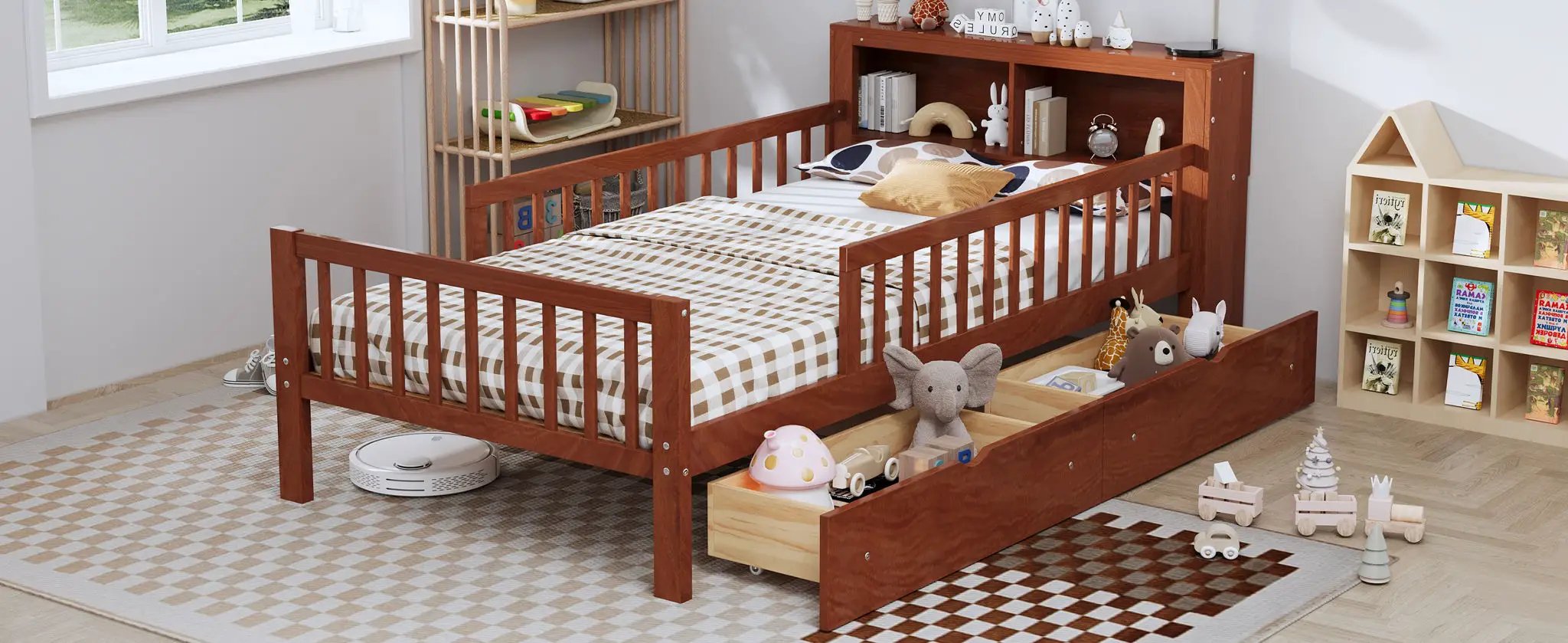 Bed With Headboard Storage Rack, 2 Under Bed Drawers, 3 Side Guardrails For Safety by HouseOfZazla