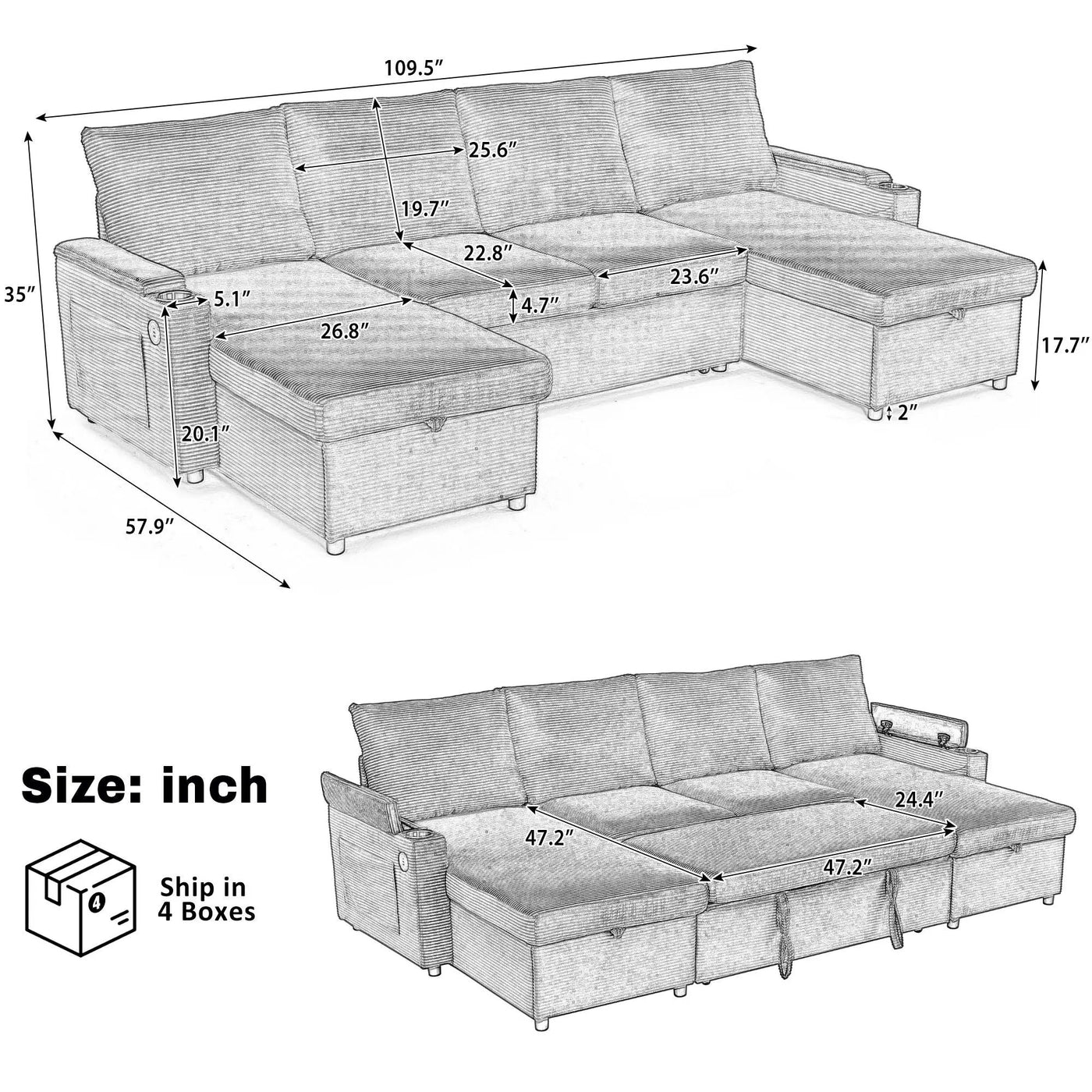 U Shaped Sectional Sofa Bed With Storage Chaise Lounges, USB Ports, And Cup Holders by HouseOfZazla