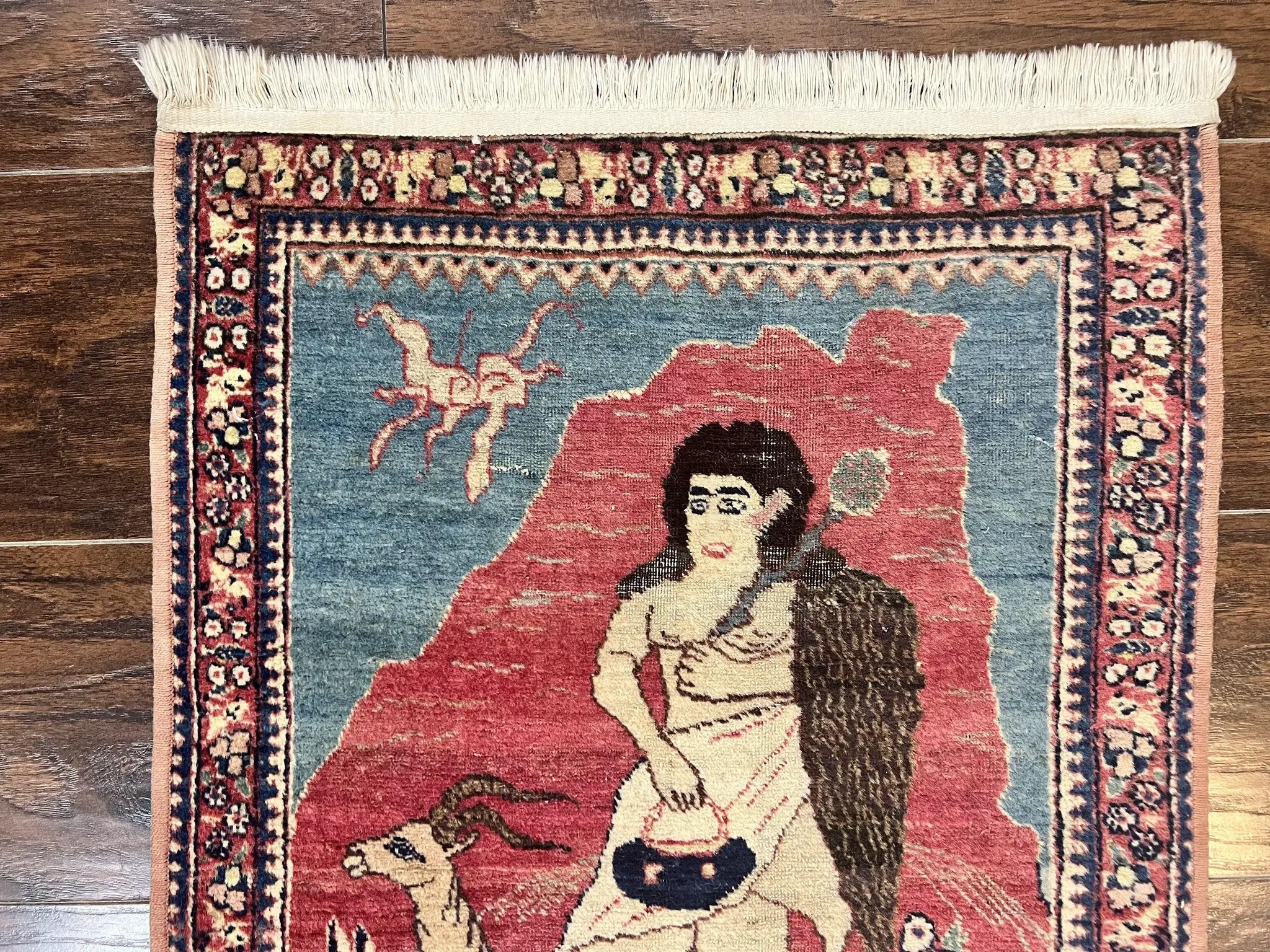 Antique Persian Kirman Rug 2 x 2.5, Small Hand Knotted Wool Carpet, Lavar Rug, Shepherd with Ram Pictorial Rug #1 by Jewel Rugs