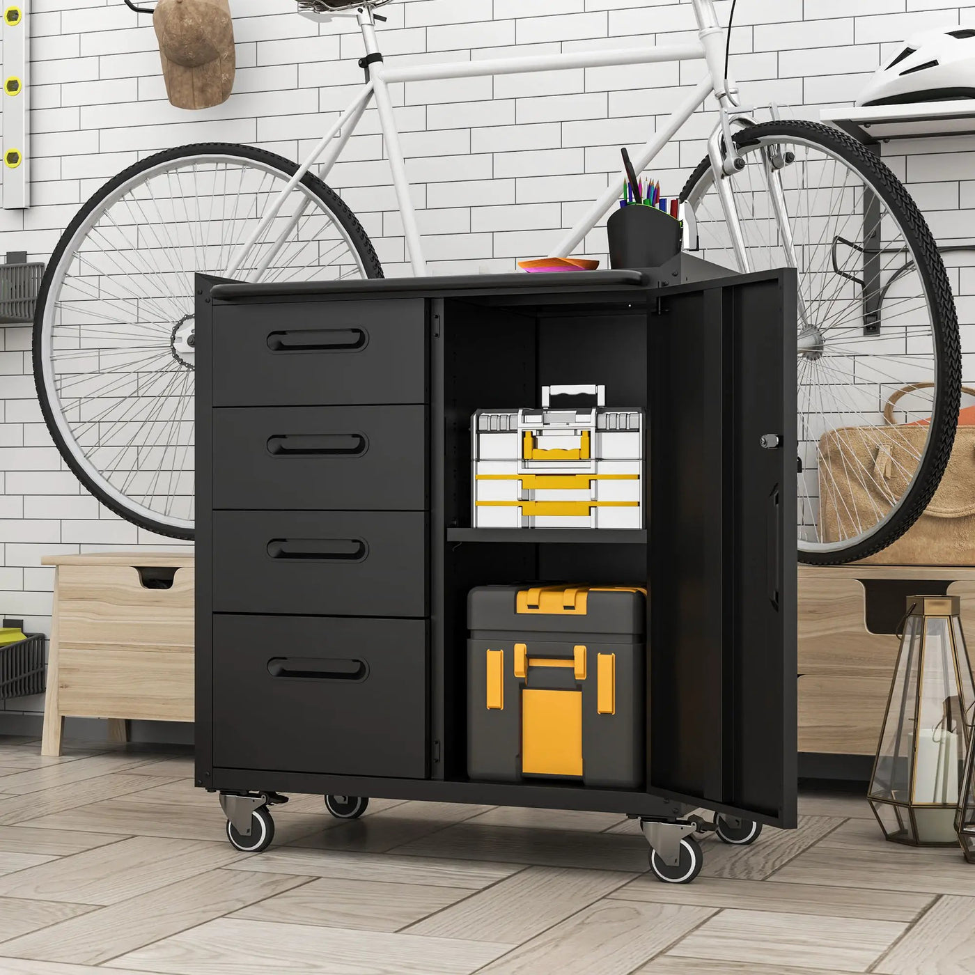 Sturdy Metal Tool Storage Cabinet With Wheels Durable Garage, Office & Home Organizer Steel by HouseOfZazla