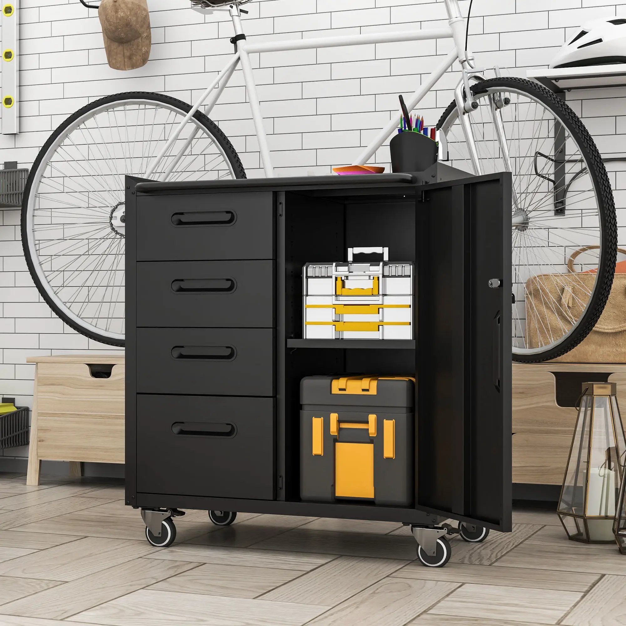Sturdy Metal Tool Storage Cabinet With Wheels Durable Garage, Office & Home Organizer Steel by HouseOfZazla