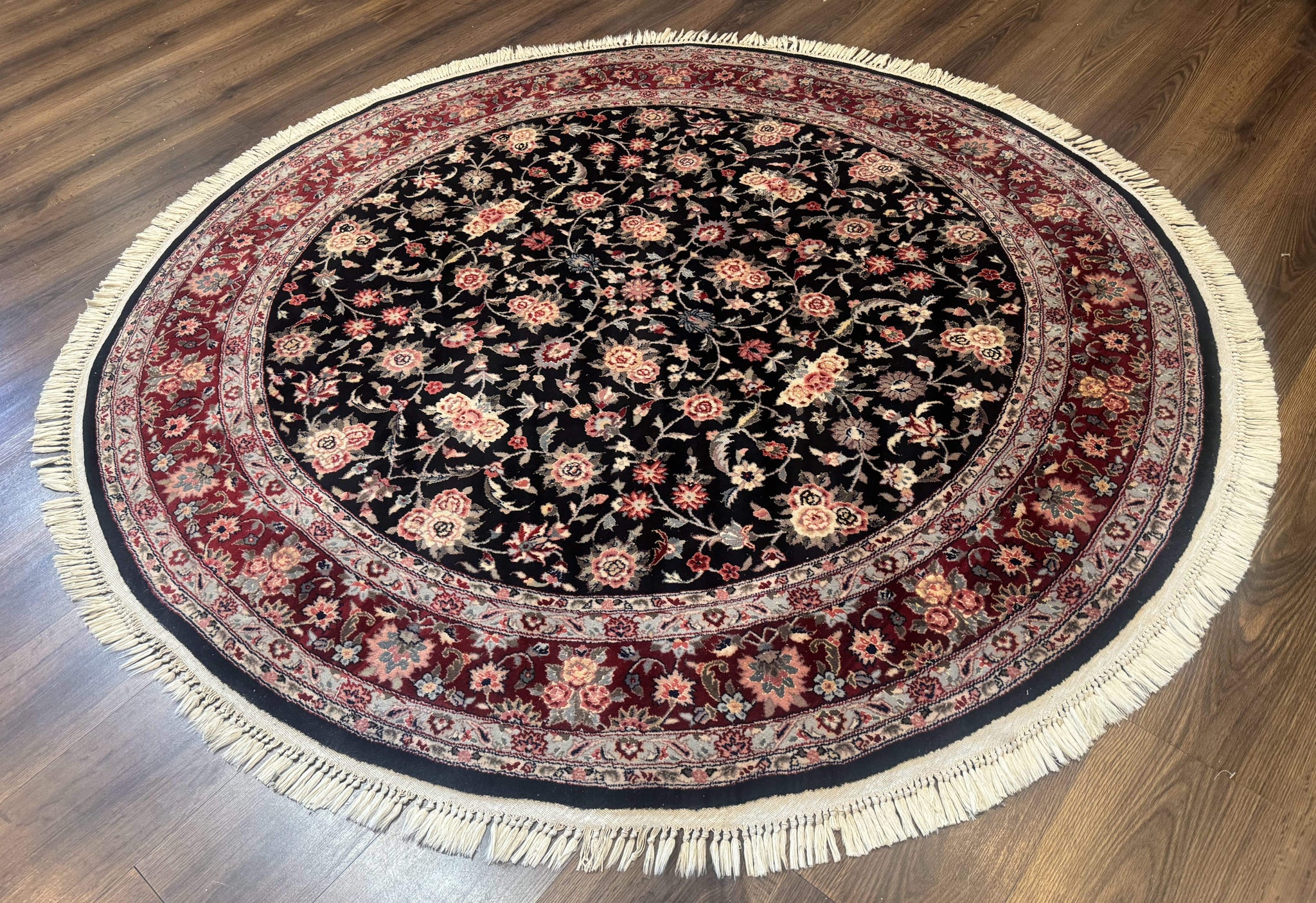 Round Sino Persian Rug 6x6, Floral, Navy Blue and Red, Wool and Silk Highlights by Jewel Rugs