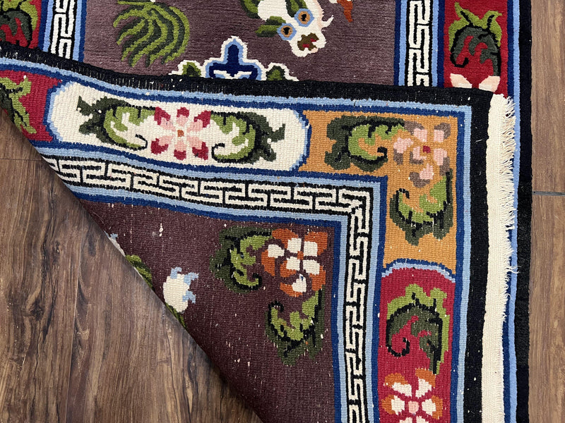 Chinese Art Deco Rug 3 x 5.5 with Animal Pictorials, Vintage Chinese Peking Wool Area Rug, Dark Puce Maroon Ivory, Hand Knotted Soft Carpet by Jewel Rugs